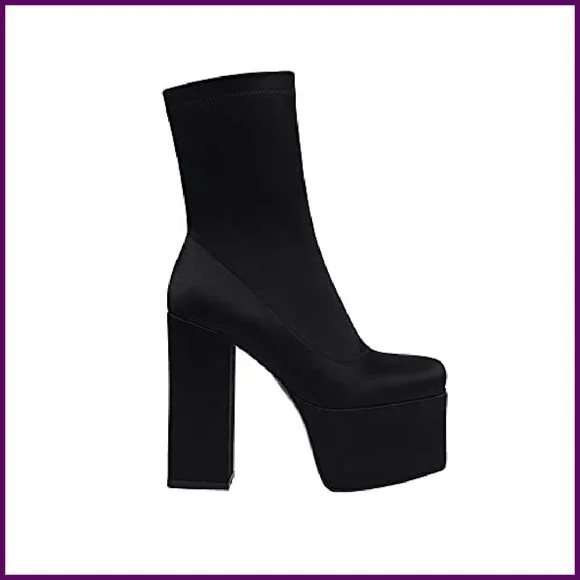 Women's Platform Ankle Boots Chunky Heel Mid-Calf Satin